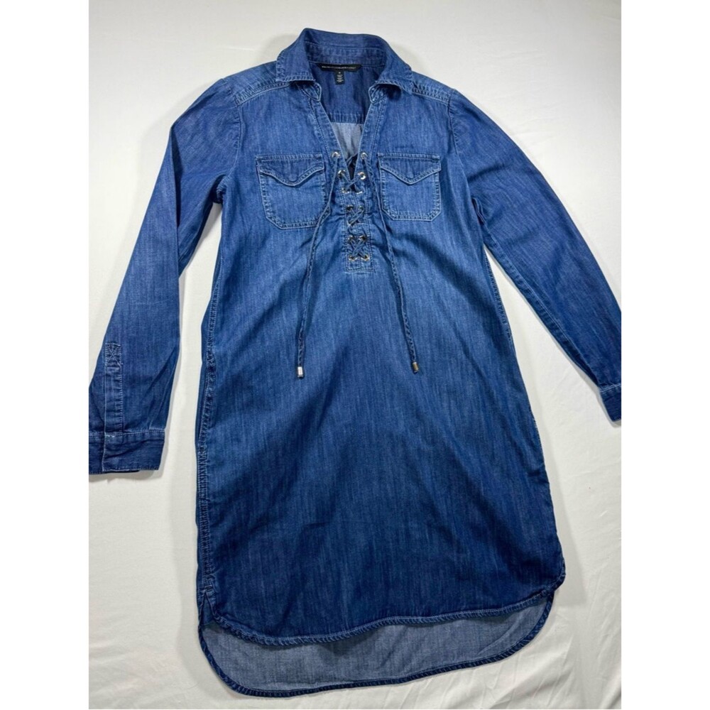 White House Black Market Denim Lace-Up Dress Size 0 Long Sleeve Dark Wash